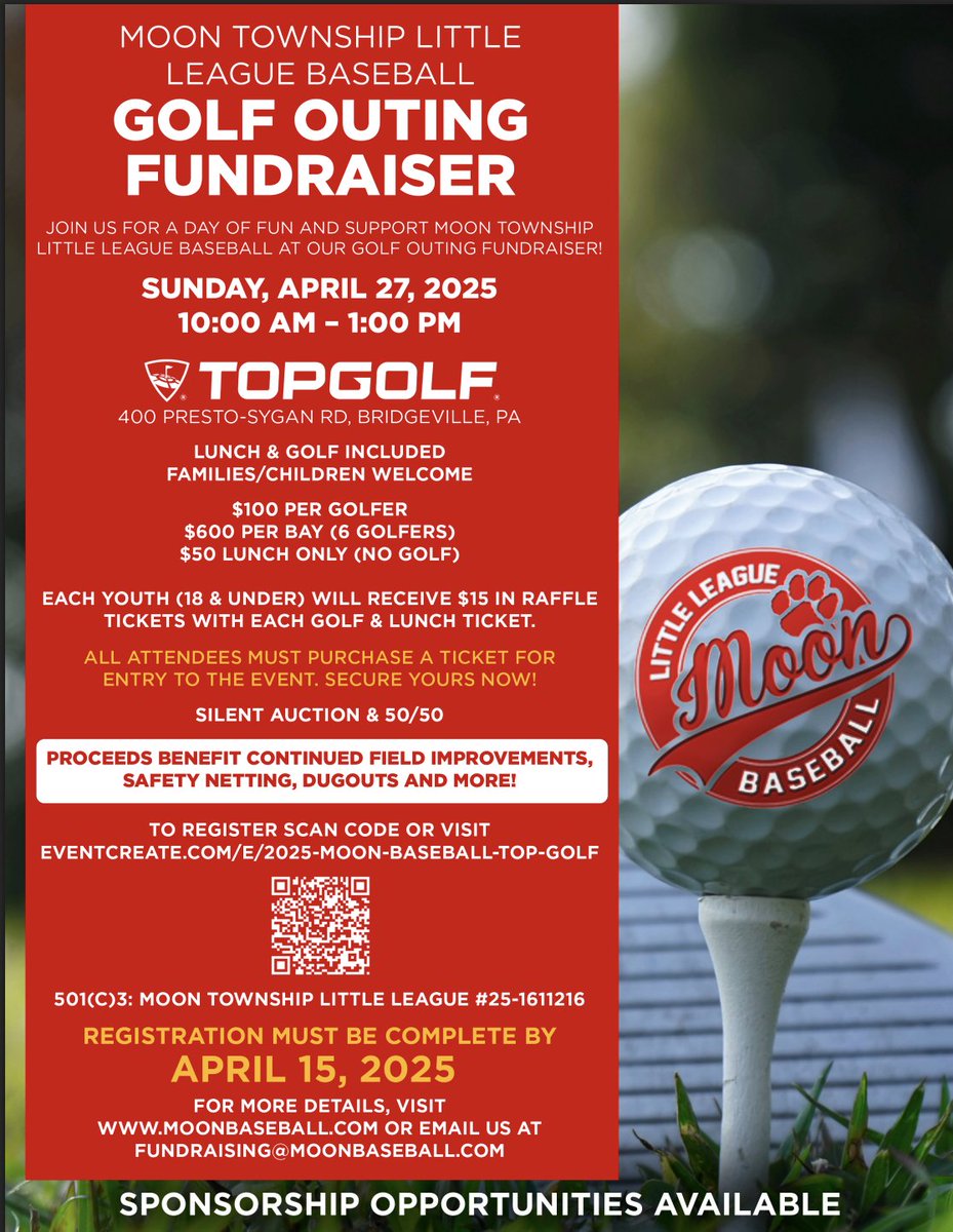 MoonLLBaseball's tweet image. Our Top Golf Fundraiser is 2 weeks away! This is the main fundraising event for Moon Baseball and we could use your support! 

REGISTRATION CLOSES ON APRIL 17TH: eventcreate.com/e/2025-moon-ba…

Join us on Sunday, April 27th from 10am-1pm at Top Golf in Bridgeville!