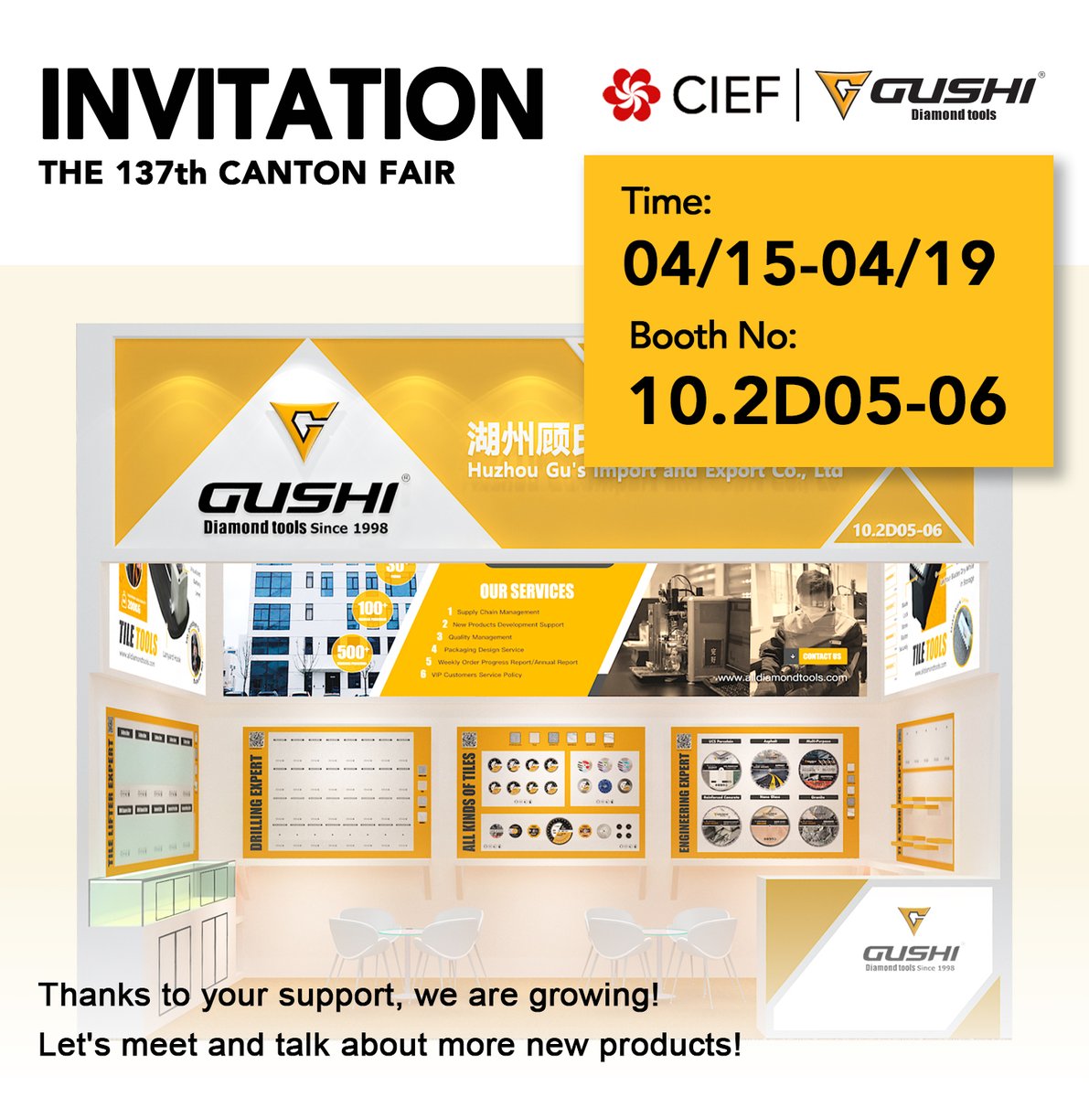 ToolsGushi's tweet image. The 137th CANTON FAIR Starts Tomorrow! GUSHI TOOLS At 10.2 D05-06 Booth. Welcome Everyone! 👏👏

Location: Guangzhou, China
Date: 2025.4.15-2025.4.19
Booth No: 10.2 D05-06
Looking forward to you arrival!😁
#gushitools #diamondtools #tiletools #tilingtools #cantonfair2025