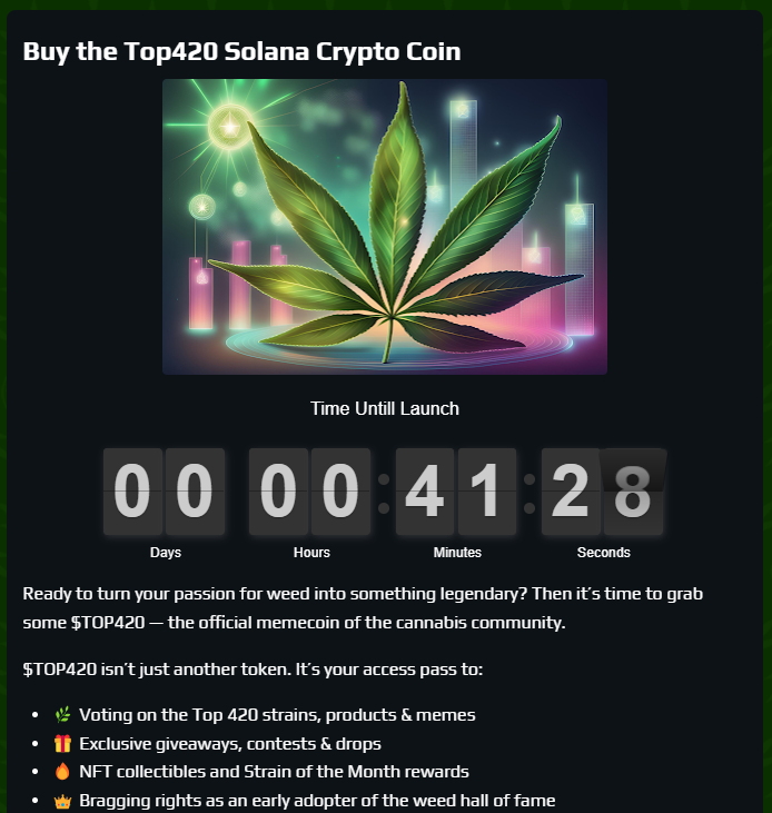 Top420org's tweet photo. Get Ready for The LAUNCH! $Top420 #WeedLovers #MemecoinPump #Altseason #CryptoWeed #CoinLaunch https://t.co/JWS8o8zKrC