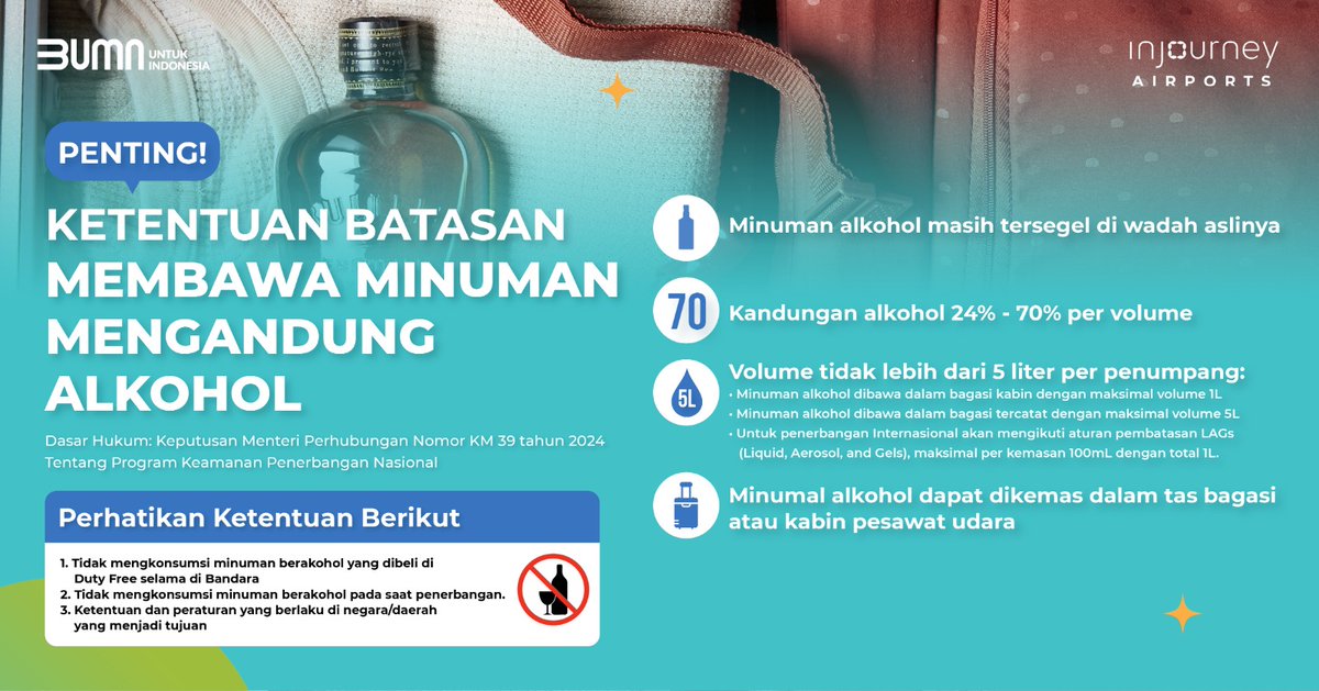 #SobatAPI, mau bawa minuman alkohol pada penerbangan? Boleh kok, asal tahu batasannya! 
Yuk cek ketentuannya terlebih dahulu.

Travel aman, oleh-oleh selamat 🙌

Informasi lebih lanjut hubungi:
Call : 138 / 172
Whatsapp : +62 811 984 138
Email : contact@injourneyairports.id