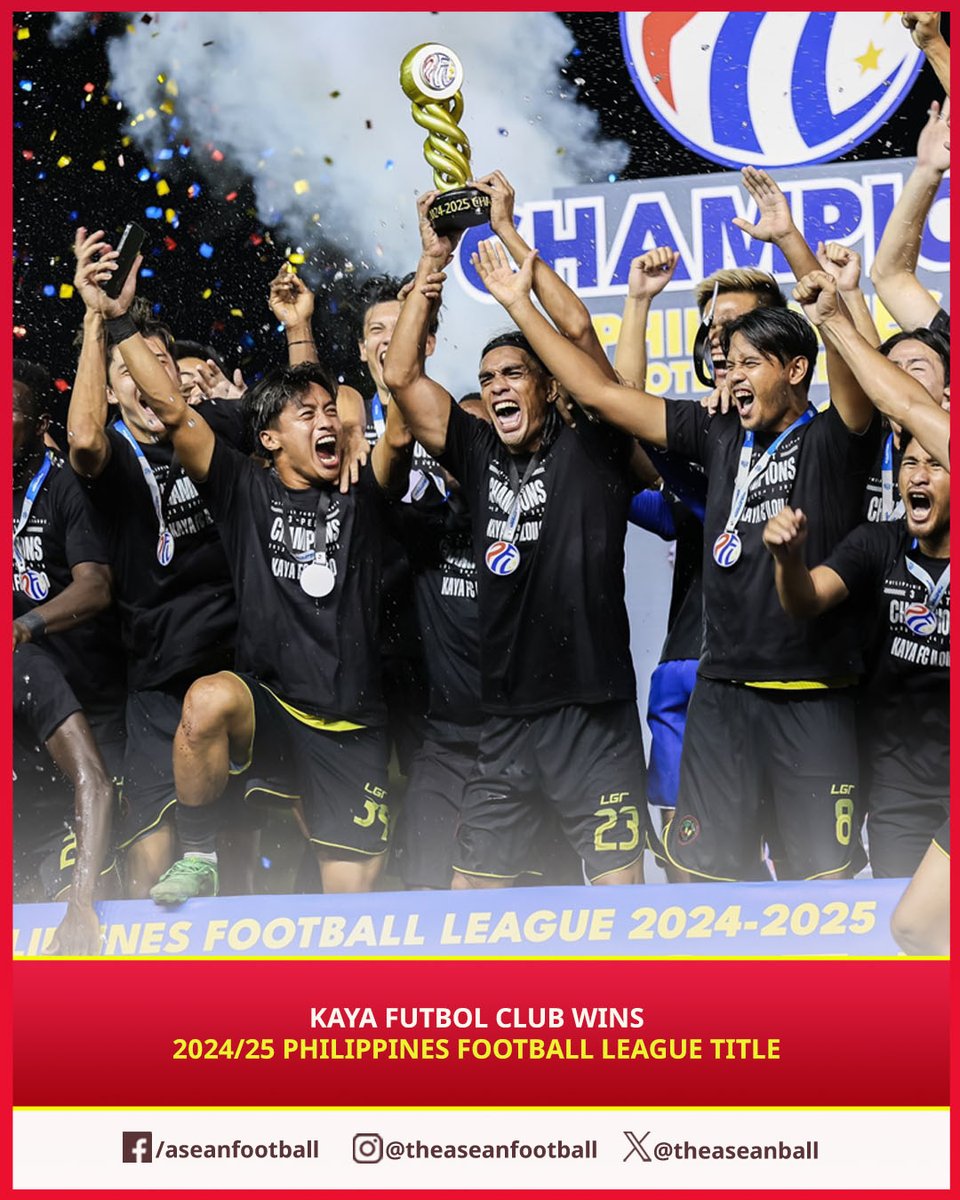 🏆 KAYA Futbol Club Wins 2024/25 Philippines Football League Title! 🇵🇭⚽

🎉Congratulations to KAYA Futbol Club on clinching their 3rd consecutive PFL championship!

👉Final Rankings:

🏆Champion : Kaya FC
🥈Runner up : Manila Digger
🥉3rd Place : One Taguig

#PFF #PFL #KayaFC