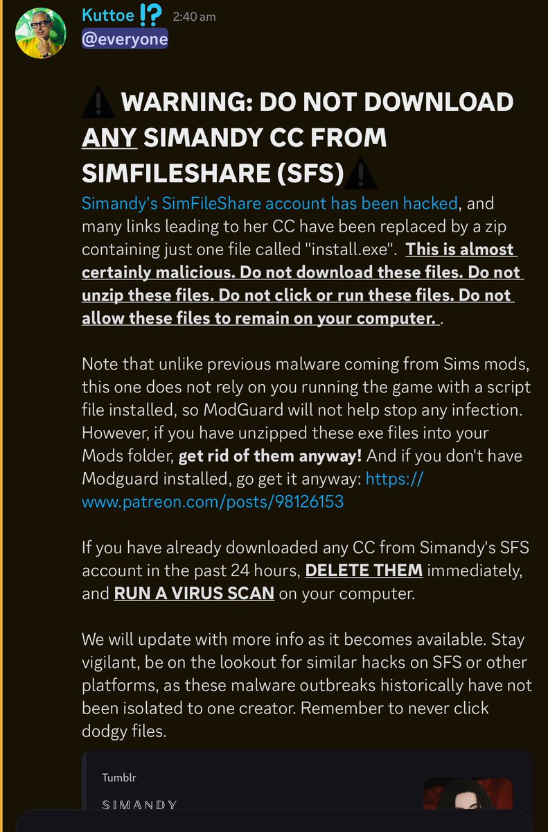 sicksimmertee's tweet photo. 🚫 DON’T DOWNLOAD SIMANDY CC FROM SFS! Her account has been hacked. 🚫 https://t.co/5B8S6Xv9eF