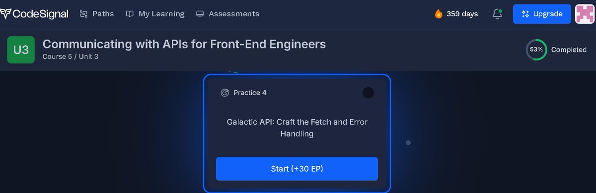 arai_kenichiro's tweet image. #CodeSignal
「Comprehensive Introduction to Front-End Engineering」
codesignal.com/learn/paths/co…
359 days
Course 5 - 53%
Communicating with APIs for Front-End Engineers
Unit 3
7/8
