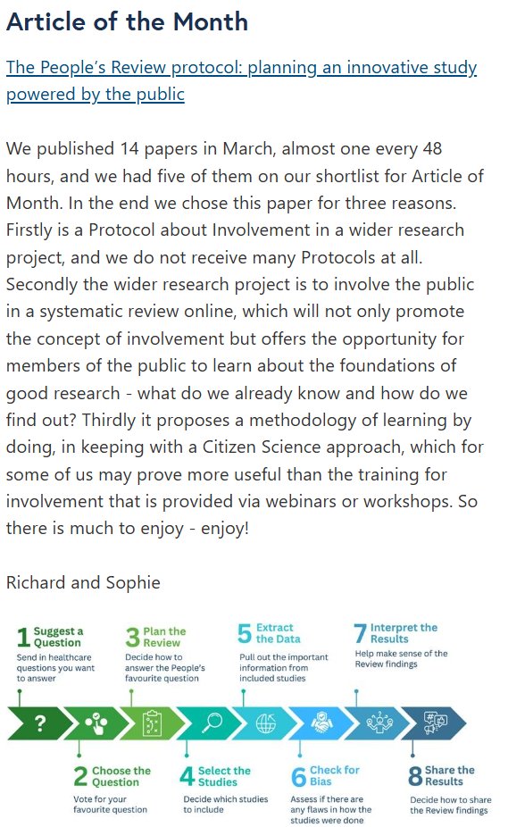 Research Involvement and Engagement - April Article of the Month is now live! 🎉 "The People’s Review protocol: planning an innovative study powered by the public" is featured on our website. researchinvolvement.biomedcentral.com/articles/10.11…