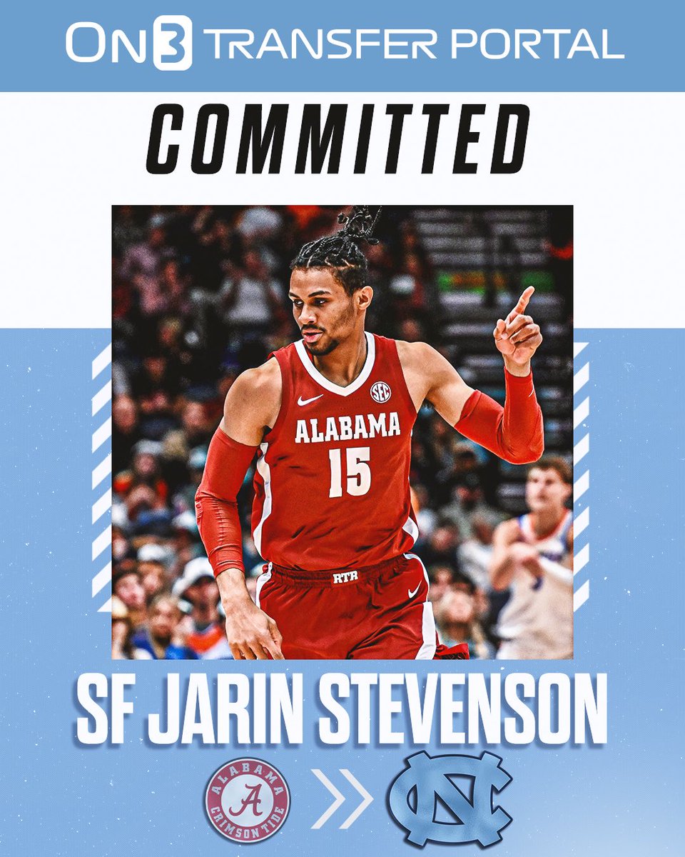 Transfer Portal (@transferportal_) on Twitter photo BREAKING: Alabama transfer forward Jarin Stevenson has committed to North Carolina, <a href="/TiptonEdits/">Joe Tipton</a> reports🐏
on3.com/college/north-… BREAKING: Alabama transfer forward Jarin Stevenson has committed to North Carolina, <a href="/TiptonEdits/">Joe Tipton</a> reports🐏
on3.com/college/north-…