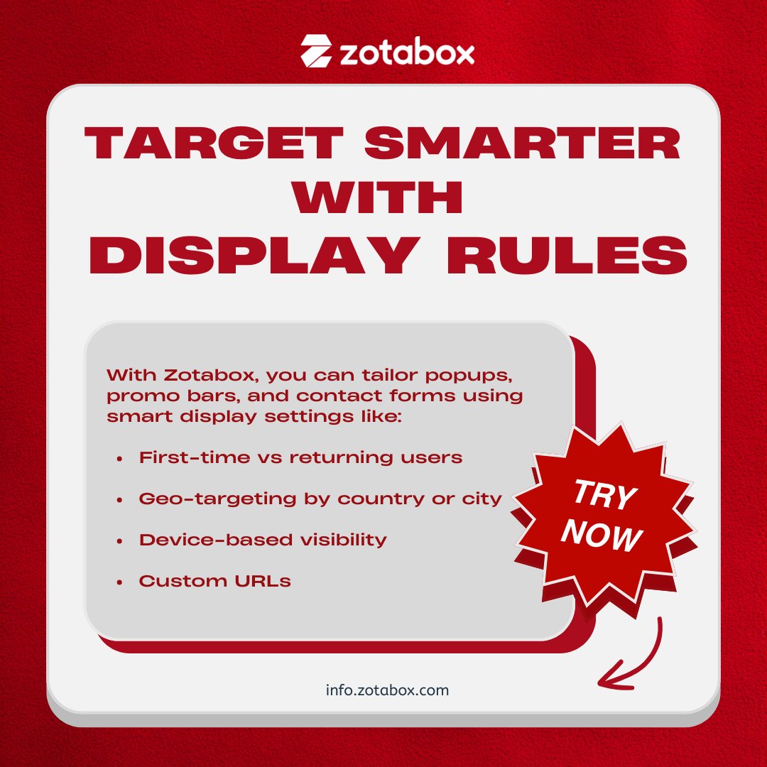 zotabox's tweet image. 🎯 Personalize Every Click with Zotabox Display Rules!

Personalize popups, bars &amp;amp; forms by:
✔️ Visitor type
✔️ Location
✔️ Device
✔️ URL

💡 Smarter targeting = better results.
#Zotabox #SmartTargeting #WebsitePersonalization #DisplayRules #EcommerceMarketing