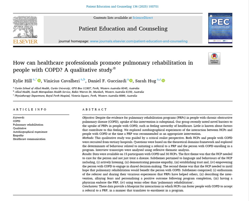 Vinicius Cavalheri (@vincavalheri) on Twitter photo Just published:
To facilitate people with #COPD accepting a referral to #Pulmonaryrehab, healthcare professionals needed to:
🤜 care for the person (not just treat the disease)
🤜instil hope that #Pulmonaryrehab will be of benefit
doi.org/10.1016/j.pec.…
<a href="/CurtinAlliedHth/">Curtin School of Allied Health</a> Just published:
To facilitate people with #COPD accepting a referral to #Pulmonaryrehab, healthcare professionals needed to:
🤜 care for the person (not just treat the disease)
🤜instil hope that #Pulmonaryrehab will be of benefit
doi.org/10.1016/j.pec.…
<a href="/CurtinAlliedHth/">Curtin School of Allied Health</a>