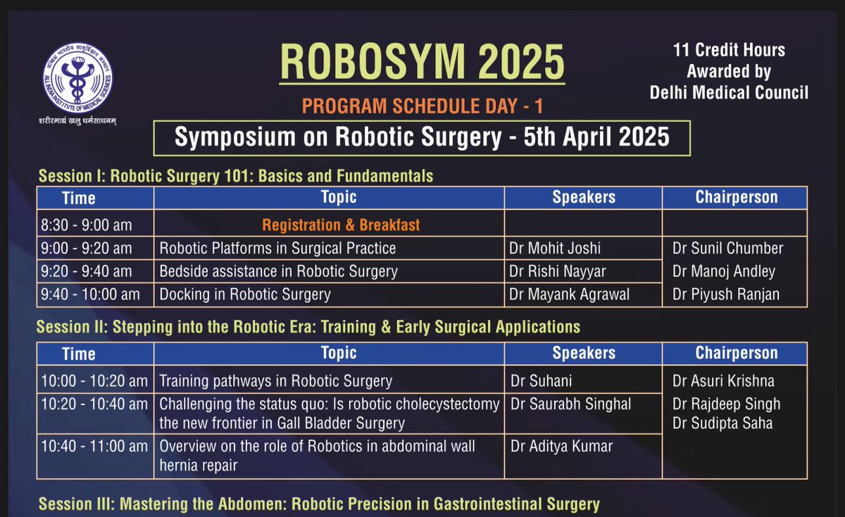 Had the privilege to attend and speak on robotic docking techniques at the ROBOSYM 2025: A symposium on robotic surgery, hosted by Department of Surgical Disciplines, AIIMS Delhi. Grateful for the opportunity to share insights on this incredible platform. #roboticsurgery