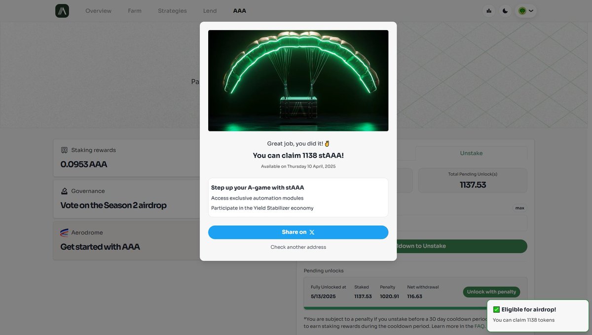 mahfuz_zakaria's tweet photo. This isn’t just staking.
It’s control. It’s governance. It’s Arcadia.
Earn. Vote. Lead.
Start with $AAA → https://t.co/jX0vu4SlQd
$AAA $HYPER
#BaseChain #DeFi #ArcadiaFinance #stAAA #CryptoCommunity #Airdrop https://t.co/XG182Tetct