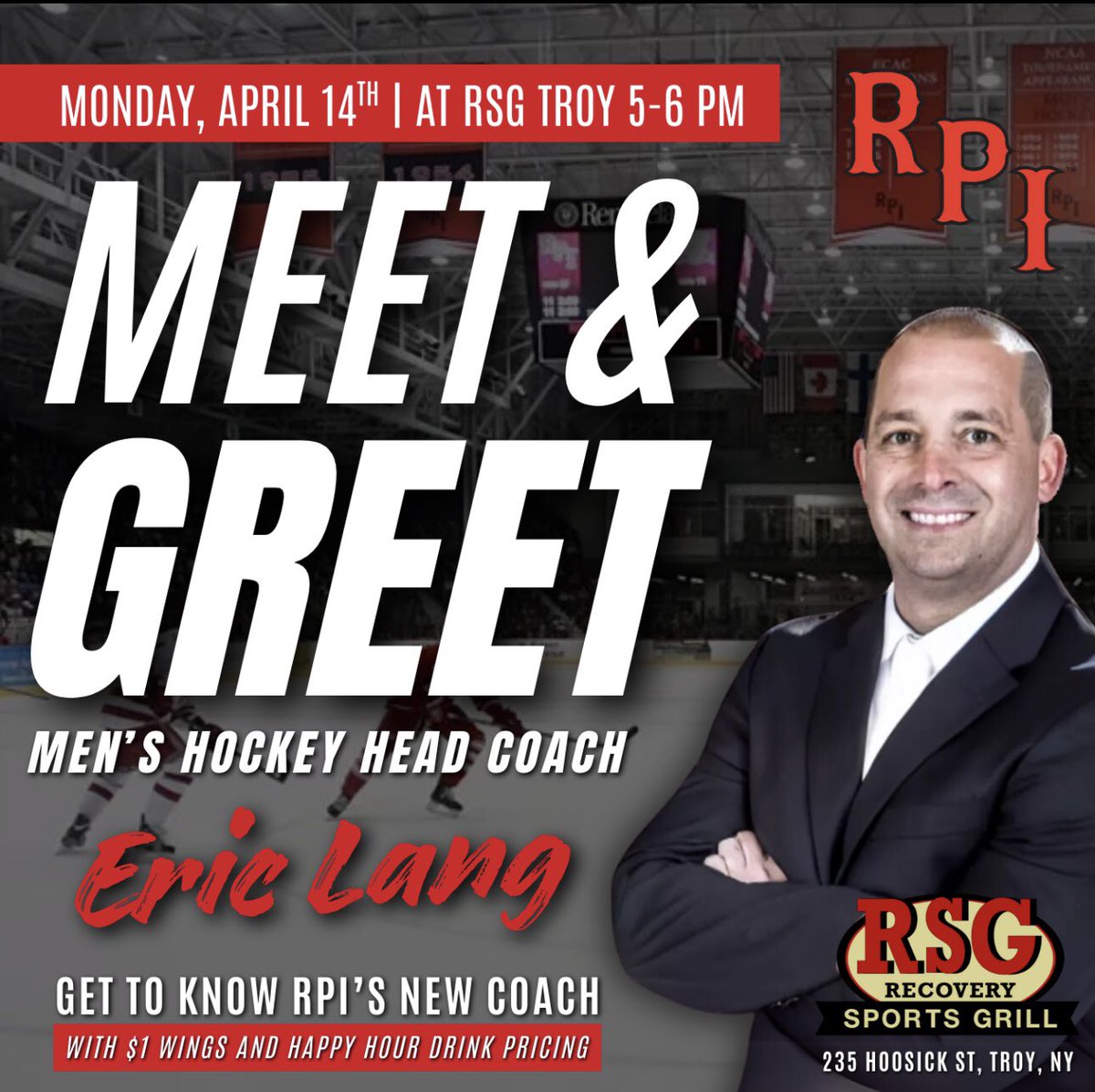 RPI Men's Hockey (@rpi_hockey) on Twitter photo Looking forward to introducing Head Coach Eric Lang tomorrow afternoon!
The day begins with a 2pm press conference inside <a href="/RPI_HFH/">Houston Field House</a> (watch live here: youtube.com/live/cuUwVA6iN…)
Followed by a meet & greet with Coach Lang down the road at Recovery Sports Grill on Hoosick Street Looking forward to introducing Head Coach Eric Lang tomorrow afternoon!
The day begins with a 2pm press conference inside <a href="/RPI_HFH/">Houston Field House</a> (watch live here: youtube.com/live/cuUwVA6iN…)
Followed by a meet & greet with Coach Lang down the road at Recovery Sports Grill on Hoosick Street