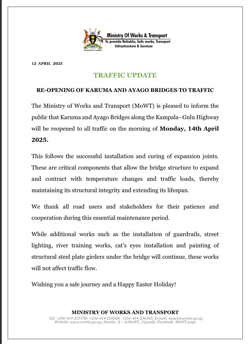 MugenyiHenry_'s tweet photo. UPDATE: Karuma and Ayago Bridges on the Kampala–Gulu Highway officially reopen to all traffic today after completion of key maintenance works.

#NBSUpdates https://t.co/IM4fAupYtD