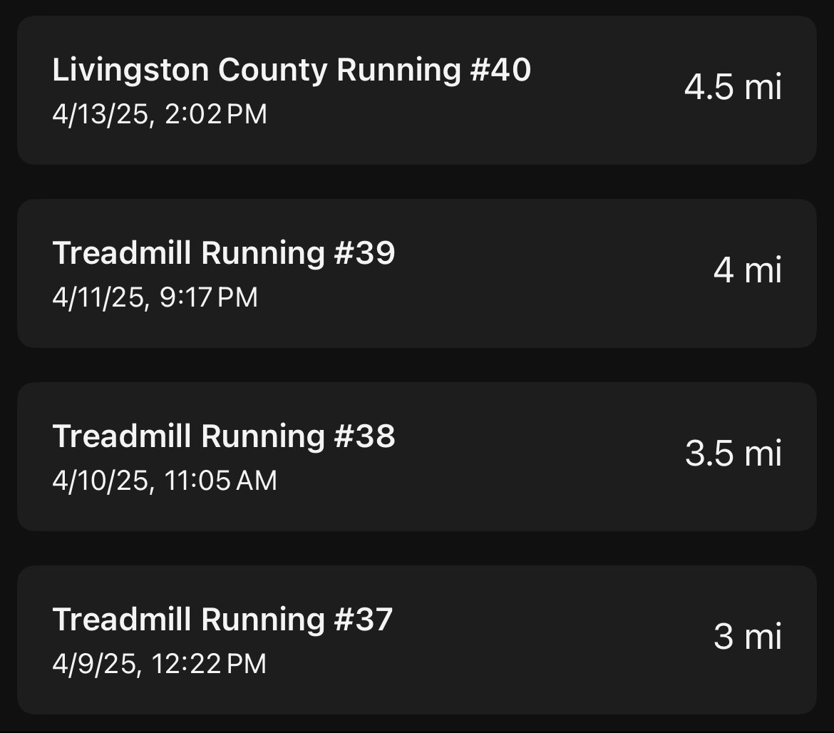 ND_KyleB's tweet image. For April; my 10 day / 7 run training plan.
Celebrating with a 10K on 4/19!
Now moving on the back half, runs of 5/5.5 & 6 this week.