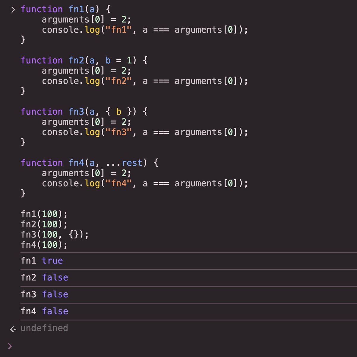 magic_akari's tweet image. FYI: In JavaScript, non-simple params (defaults/rest/destructuring) cause `arguments` to be unmapped.