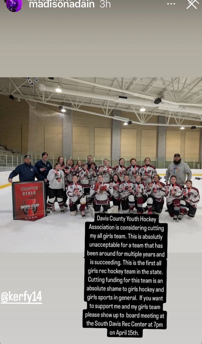 topherjd's tweet photo. I have two girls that play on this team and it means the world to them. They are growing the sport and adding new girls every year. It would be a tragedy to see them eliminate this team because of lack of ice. @RyanQualtrics @utahhockeyclub @UtahGrizzlies https://t.co/XY2MTlkeeP