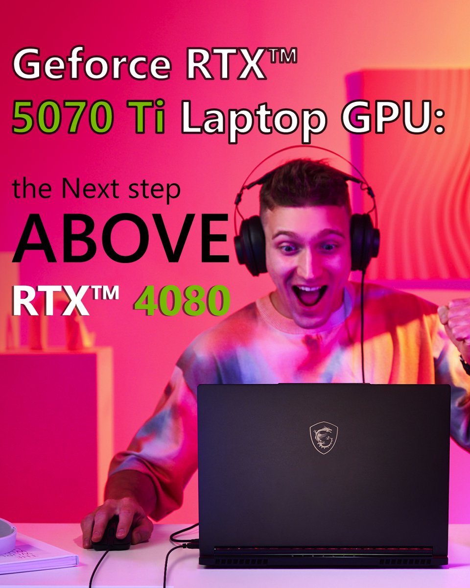 msigaming's tweet image. Feel the next-level power from RTX50 Series: MSI Vector &amp;amp; Stealth Series with RTX5070 Ti laptop GPU wins over even RTX4080 laptop GPUs in terms of gaming performance! Get yours now to experience yourself:
msi.gm/RTX50Laptop

#MSIVector #MSIStealth #Gaminglaptop #RTX