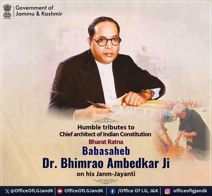 OfficeOfLGJandK's tweet photo. Tributes to chief architect of the Indian Constitution, Dr. Babasaheb Bhimrao Ramji Ambedkar. Let us rededicate ourselves to upholding the noble values of Babasaheb &amp; work together to build a united, equal, just, and humane society based on mutual trust, tolerance &amp; cooperation. https://t.co/1GwAewyd8l