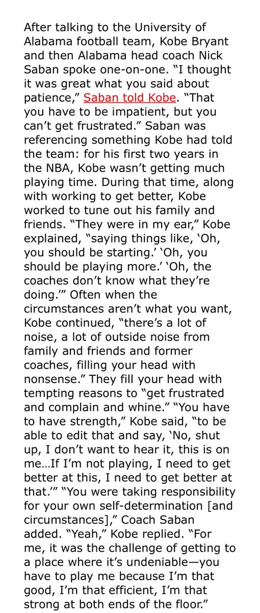 From Billy Oppenheimer’s email. We can make excuses and point fingers or we can try to be great. But we can’t do both. Kobe and Saban.