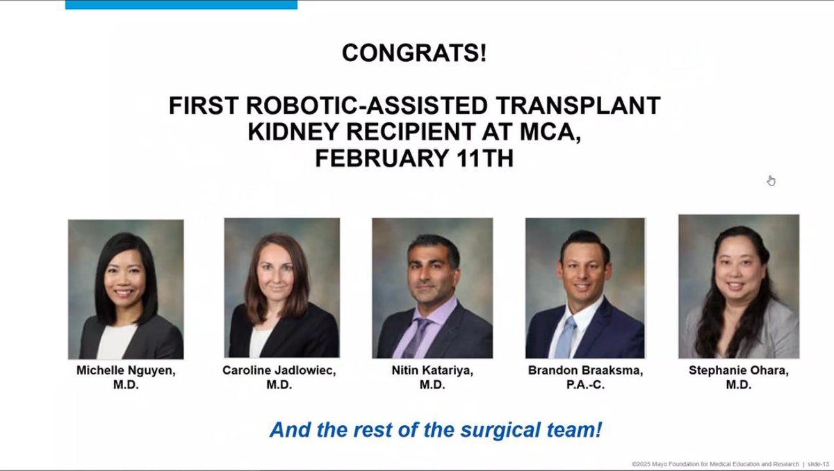 Mayo Clinic AZ Department of Surgery (@mayoazsurg) on Twitter photo Congratulations to our <a href="/MayoTransplant/">Mayo Clinic Transplant</a> team at <a href="/MayoAZSurg/">Mayo Clinic AZ Department of Surgery</a> on performing our first robotic kidney transplant!
The team was led by <a href="/MCNguyenMD/">Michelle C. Nguyen MD, MPH</a>, <a href="/CarrieJadlowiec/">Carrie Jadlowiec</a>, #NitinKatariya, and <a href="/StephOharaMD/">Stephanie Ohara, MD</a>. They have since done 3 more, and we look forward to more to come! Congratulations to our <a href="/MayoTransplant/">Mayo Clinic Transplant</a> team at <a href="/MayoAZSurg/">Mayo Clinic AZ Department of Surgery</a> on performing our first robotic kidney transplant!
The team was led by <a href="/MCNguyenMD/">Michelle C. Nguyen MD, MPH</a>, <a href="/CarrieJadlowiec/">Carrie Jadlowiec</a>, #NitinKatariya, and <a href="/StephOharaMD/">Stephanie Ohara, MD</a>. They have since done 3 more, and we look forward to more to come!