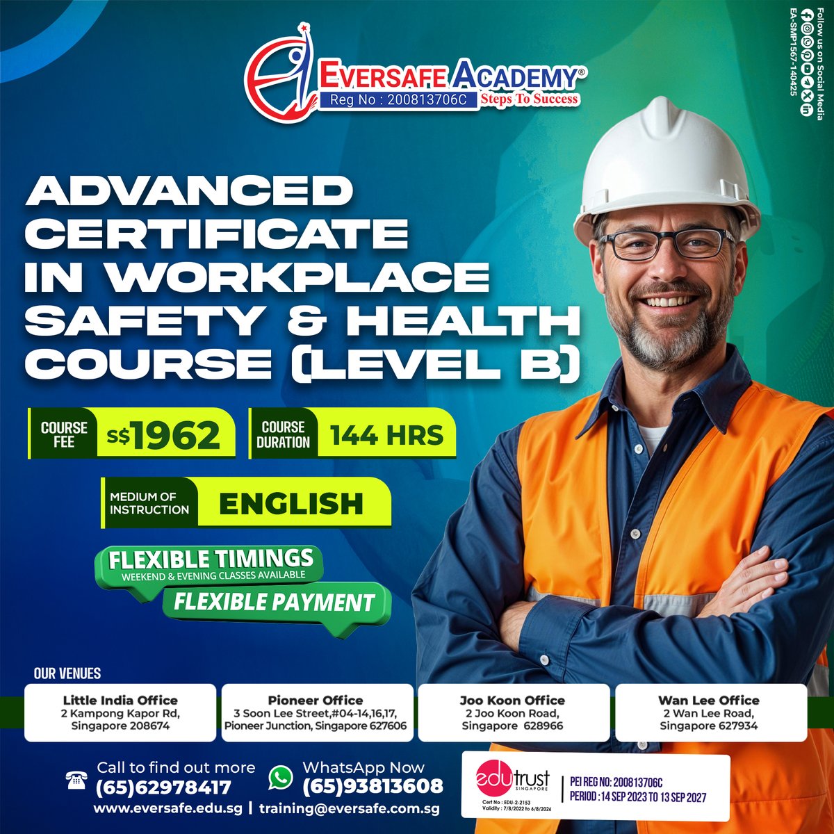 EversafeAcademy's tweet image. Advanced Certificate in Workplace Safety &amp;amp; Health (Level B) | EVERSAFE Academy®  Singapore
📲 WhatsApp: 📱bit.ly/3JKmp0J
#WSHCourse #WorkplaceSafety #EversafeAcademy #LevelBCourse #WSQCertification #SafetyTrainingSG #FlexibleLearning #WeekendClasses #WSHEducation