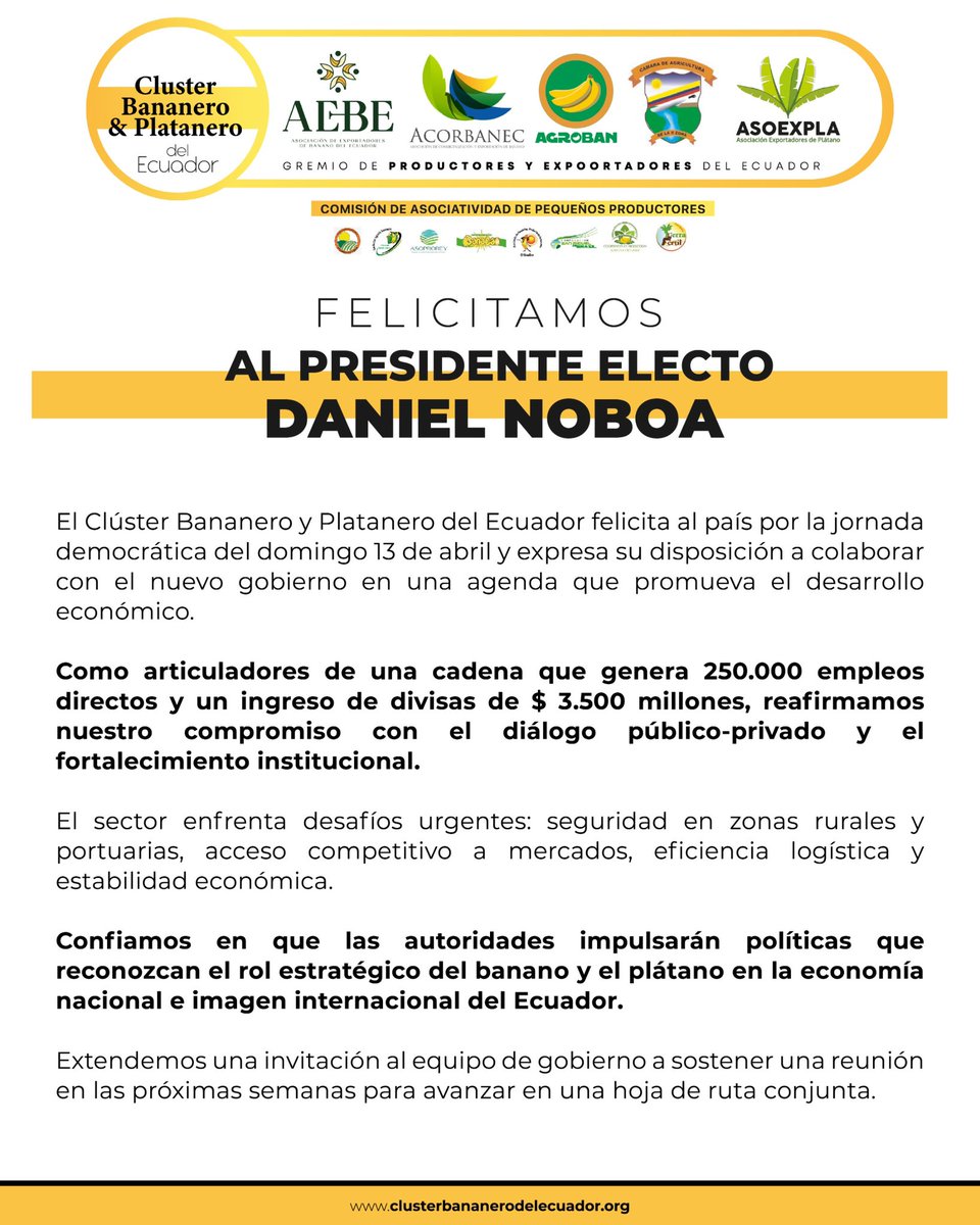 Clúster Bananero del Ecuador (@clusterbananero) on Twitter photo El Clúster Bananero y Platanero del Ecuador saluda al país por su participación democrática y felicita al presidente electo <a href="/DanielNoboaOk/">Daniel Noboa Azin</a> El banano y el plátano son parte de la identidad del #Ecuador y motores de empleo y desarrollo. Invitamos a construir juntos la hoja de ruta. El Clúster Bananero y Platanero del Ecuador saluda al país por su participación democrática y felicita al presidente electo <a href="/DanielNoboaOk/">Daniel Noboa Azin</a> El banano y el plátano son parte de la identidad del #Ecuador y motores de empleo y desarrollo. Invitamos a construir juntos la hoja de ruta.