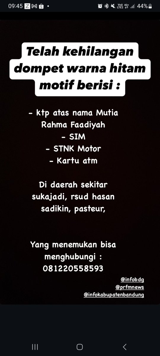 Fadluniir's tweet photo. Punten dibantos kehilangan KTP atas nama Mutia Rahma Faadiyah di daerah sekitar sukajadi,RSUD Hasan Sadikin , Pasteur yang menemjkan bisa menghubungi 081220558593 @infobdg @PRFMnews @infokab https://t.co/USrdTEApke