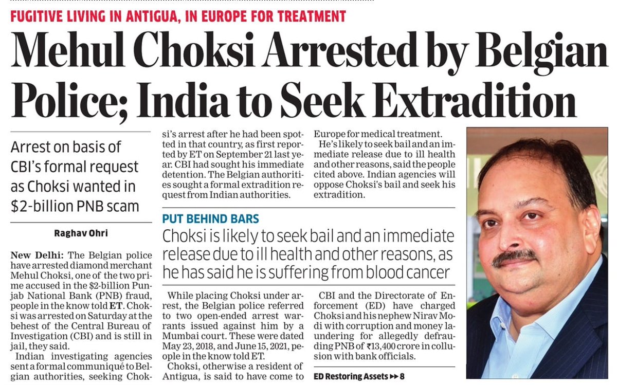 raghavohri0's tweet image. First in ET: Belgian Police arrests fugitive diamond merchant Mehul Choksi and key accused in $2 billion PNB scam
Arrest made at the behest of CBI. Choksi still behind bars in a Belgian jail. Will push for bail on health grounds.
shorturl.at/KZaaC
@EconomicTimes
