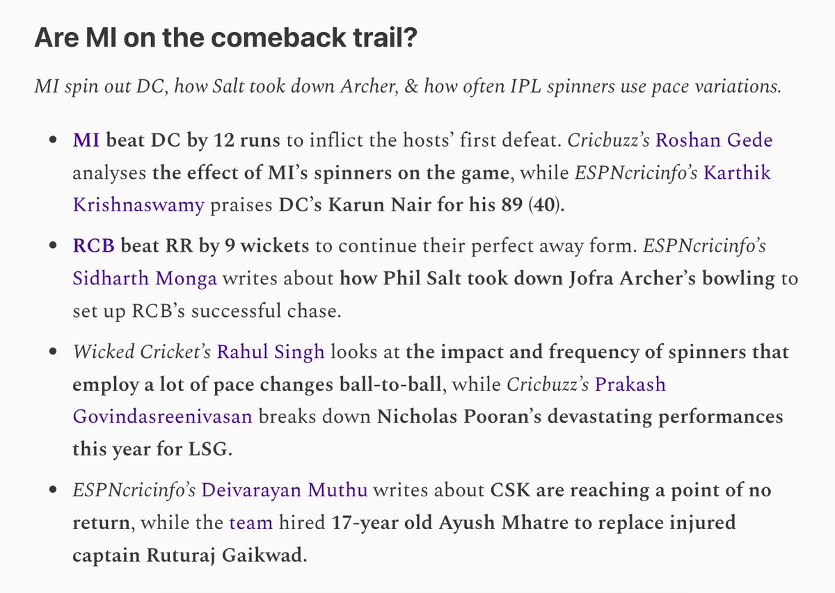 bestcricstories's tweet image. TOP #IPL STORIES:

@GedeRoshan/@the_kk on DC-MI, Monga on Salt, @rvssingh2010 on spinners&apos; pace changes, @PrakashG_CB on Pooran, &amp;amp; @deiva_muthu on CSK&apos;s horrid season.

All stories at bestofcricket.substack.com/p/are-mi-on-th…