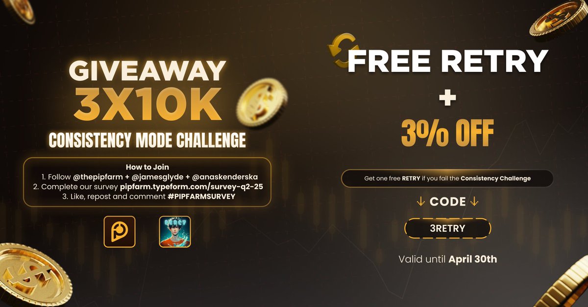 Trader Percy (@traderpercy) on Twitter photo 💛3 x 10k challenges💛
How to win
💛Follow :
<a href="/thepipfarm/">PipFarm | Funded Trader Firm</a> , @jamesglyde , <a href="/anaskenderska/">Ana Skender</a> , <a href="/traderpercy/">Trader Percy</a>
💛Complete our survey pipfarm.typeform.com/survey-q2-25
💛Like, repost and comment #PIPFARMSURVEY 💛3 x 10k challenges💛
How to win
💛Follow :
<a href="/thepipfarm/">PipFarm | Funded Trader Firm</a> , @jamesglyde , <a href="/anaskenderska/">Ana Skender</a> , <a href="/traderpercy/">Trader Percy</a>
💛Complete our survey pipfarm.typeform.com/survey-q2-25
💛Like, repost and comment #PIPFARMSURVEY