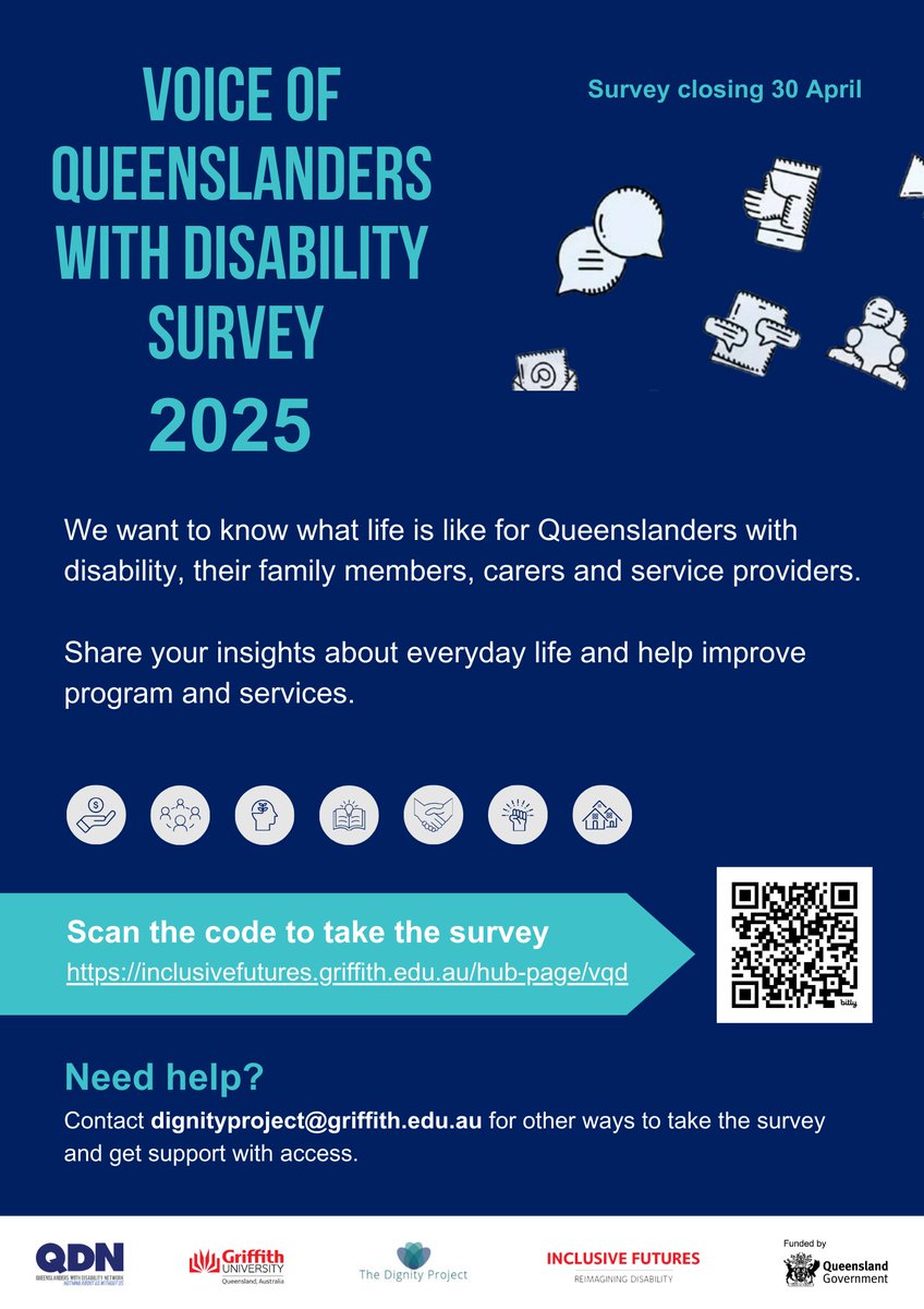 GU_Incl_Futures's tweet photo. 🕐 CLOSING SOON! 🕐
Final days to take the Voice of Queenslanders with Disability 2025 survey!
📅 Closes Wed 30 April
💬 Your voice matters—have your say now!
👉 https://t.co/iingtgmJZT
#VoQD2025 #HaveYourSay #DisabilityInclusion #TheDignityProject @Griffith_Uni @QDNltd #qld https://t.co/ZsoV0KGMnp