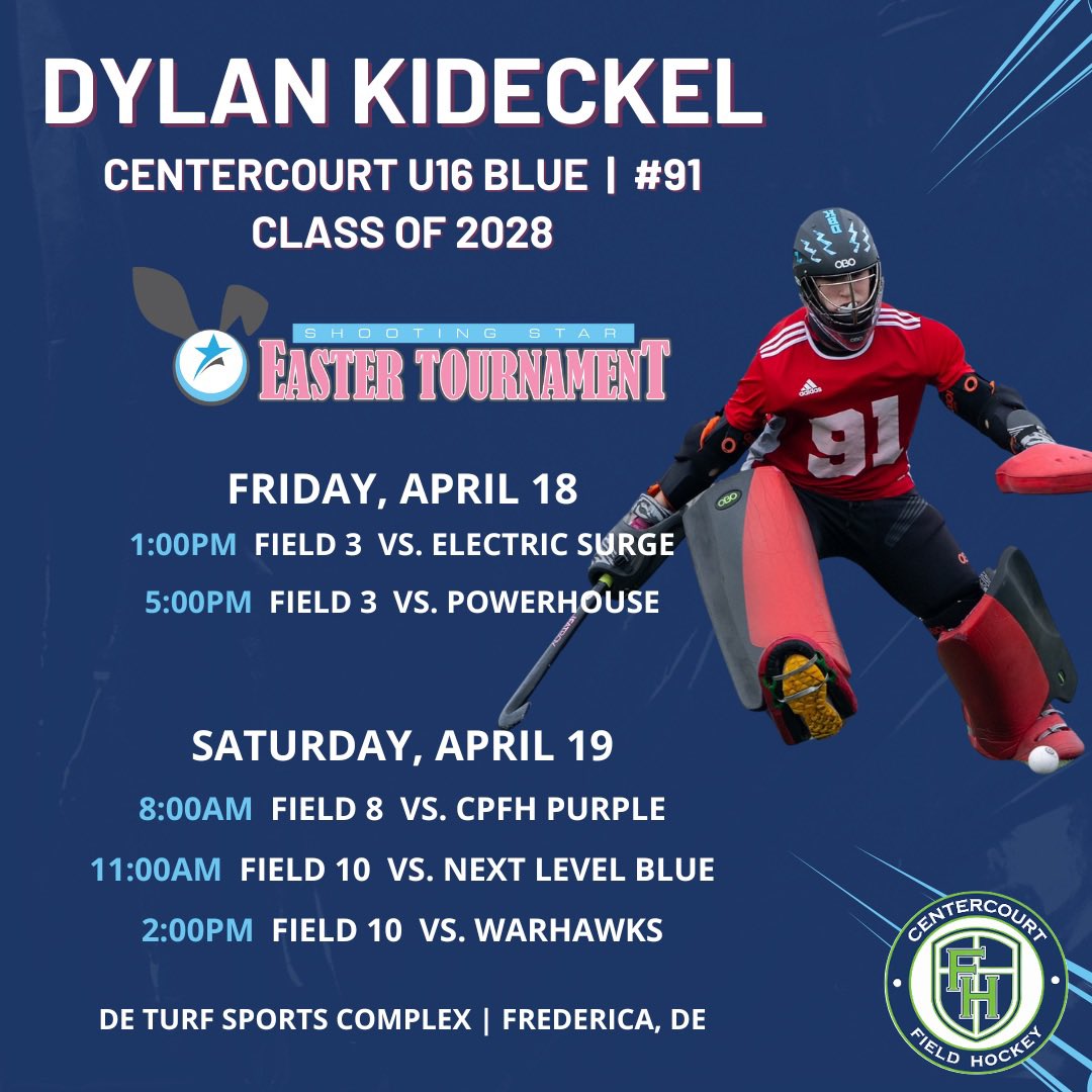 DylanKideckel91's tweet photo. Ready to play Shooting Star Easter Tournament with my U16 Centercourt team! Let’s do this! 💪🏑#goalielife 
@BrownU_FH @TigerFH @WakeHockey @DartmouthFH @LehighFH @hoyatalk https://t.co/mTZg06PI7u