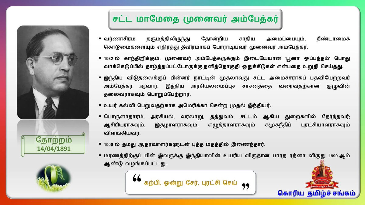 இந்திய அரசியலமைப்புக்கு அடித்தளமிட்ட சட்ட மாமேதை அம்பேத்கர் அவர்களின் பிறந்தநாள் .
#கொரியதமிழ்ச்சங்கம் #சட்டமாமேதை       #வரலாற்றின்_இந்நாள்
