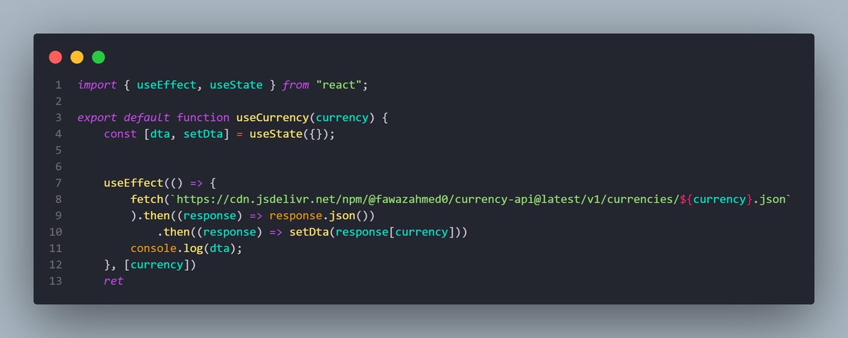shashwats_077's tweet photo. Just constructed a custom React hook {useCurrency} to load up-to-date exchange rates with useEffect and useState. It's tidy, reusable, and has good error handling. Looking to implementing more complex patterns in React.
#ReactJS #WebDev #CustomHooks #JavaScript #100DaysOfCode https://t.co/GrhGsi9c64