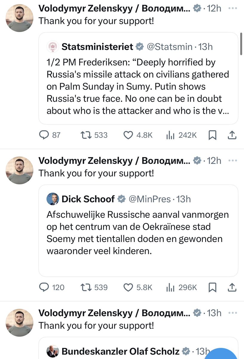 RealJakeBroe's tweet photo. Wow… President Zelenskyy right now is thanking every world leader on Twitter who is showing their support for Ukraine after Russia’s brutal missile attack on civilians in Sumy.

He is doing this because Trump and JD Vance refuse to condemn or even comment on Russia’s war crimes. https://t.co/MuaSakpms3