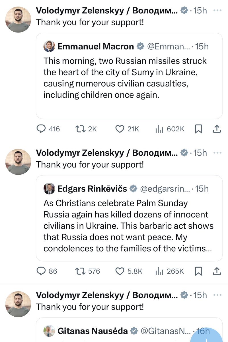 RealJakeBroe's tweet photo. Wow… President Zelenskyy right now is thanking every world leader on Twitter who is showing their support for Ukraine after Russia’s brutal missile attack on civilians in Sumy.

He is doing this because Trump and JD Vance refuse to condemn or even comment on Russia’s war crimes. https://t.co/MuaSakpms3