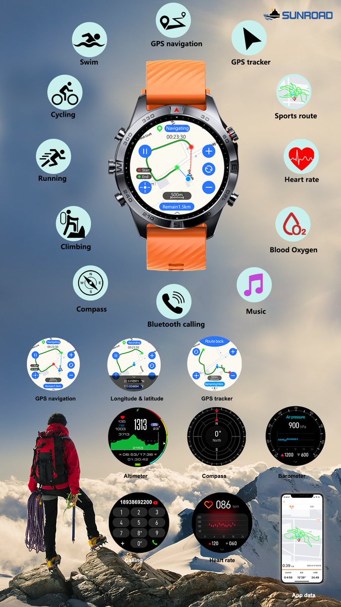 Sunroadtech's tweet image. Sunroad 2025 new GPS sports watch G7, support diving, swimming, cycling, running, triathlon, diving, climbing, hiking etc. 
Features:
1. Professional outdoor sports + fashion smart watch
2  1.43 " AMOLED full touch screen, 466*466dpi  
3. Multiple GPS sports modes