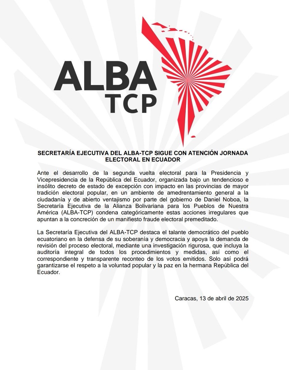 #COMUNICADO | Secretaría Ejecutiva del <a href="/ALBATCP/">ALBA</a> condena acciones irregulares que apuntan a la concreción de un “manifiesto fraude electoral premeditado” en #Ecuador🇪🇨
