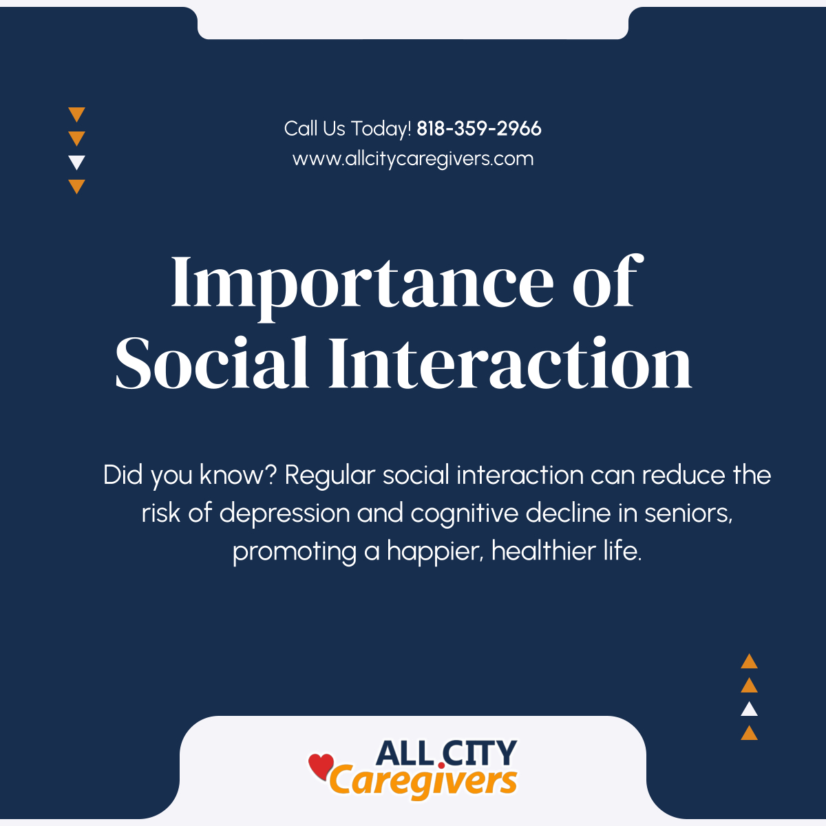 AllCityCareGive's tweet image. Social connections play a vital role in senior health. Engaging regularly with others can reduce depression and support cognitive function. Let's encourage our loved ones to stay connected.

#SeniorWellbeing #HomeCareServices #SimiValleyCA