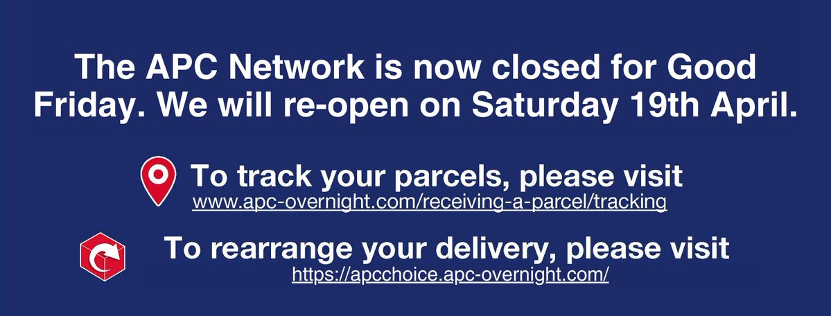 We are now closed for Good Friday. We will re-open on Saturday 19th April 2025.
To track your parcels, please visit apc-overnight.com/receiving-a-pa…
To rearrange your delivery, please visit apcchoice.com