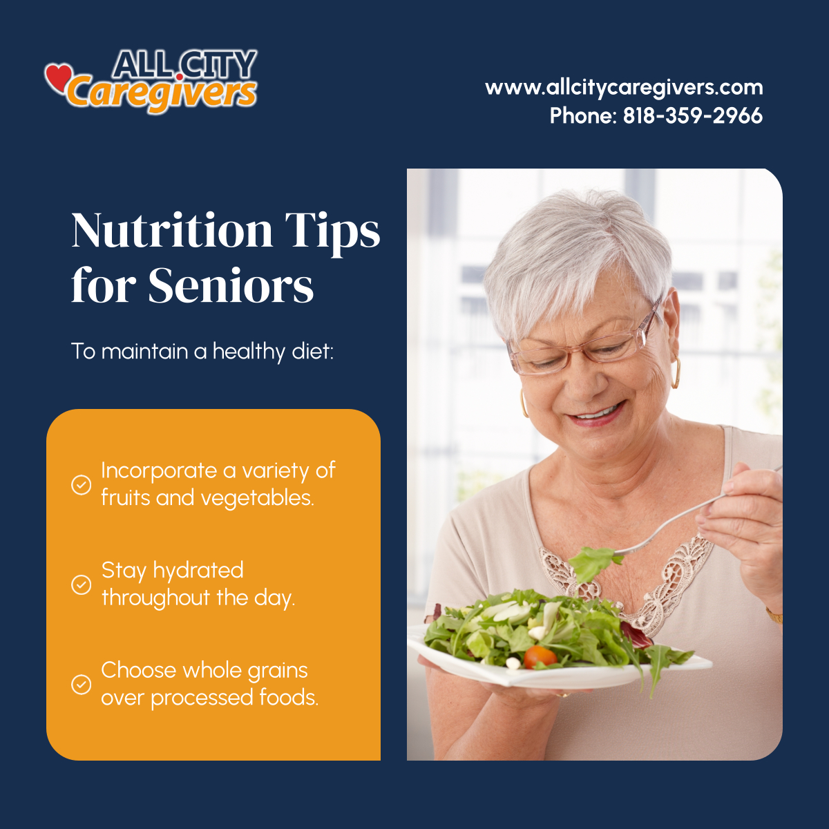 AllCityCareGive's tweet image. Proper nutrition is key to healthy aging. Encourage your loved ones to eat a variety of fruits and vegetables, stay hydrated, and opt for whole grains. Together, we can promote better health. 

#HomeCareServices #SimiValleyCA #SeniorNutrition