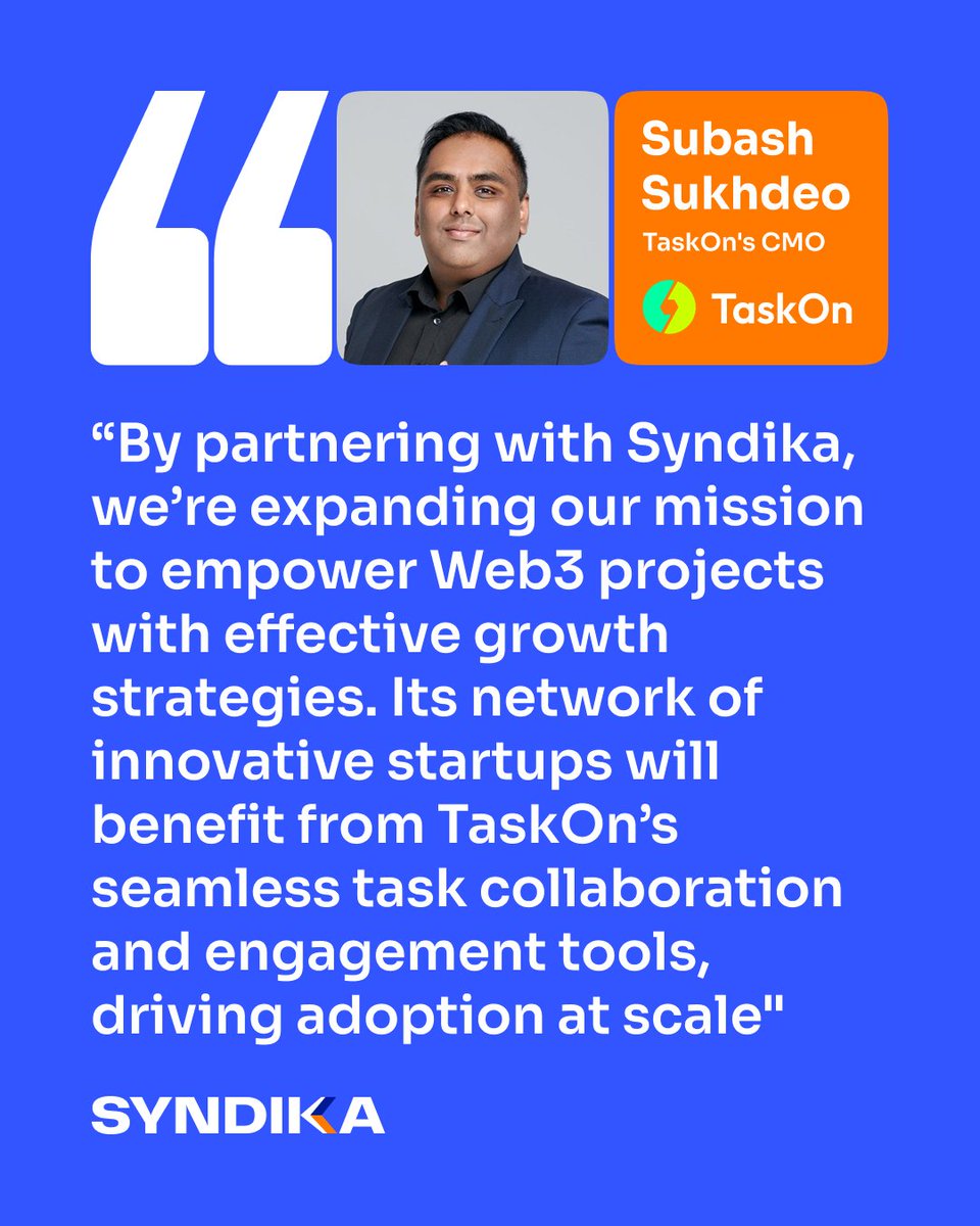 Syndika (@syndika_co) on Twitter photo What Web3 Leaders Say About Syndika
💥<a href="/taskonxyz/">TaskOn | Ultimate Web3 Community Growth Platform</a> is a leading Web3 community growth platform designed to help projects scale through task-based engagement and decentralized collaboration.
Why did we partner?
👇Check TaskOn’s CMO, <a href="/0xBashS/">Bash (in the trenches) ❄️🐂🧑🚀</a>, thoughts below. What Web3 Leaders Say About Syndika
💥<a href="/taskonxyz/">TaskOn | Ultimate Web3 Community Growth Platform</a> is a leading Web3 community growth platform designed to help projects scale through task-based engagement and decentralized collaboration.
Why did we partner?
👇Check TaskOn’s CMO, <a href="/0xBashS/">Bash (in the trenches) ❄️🐂🧑🚀</a>, thoughts below.