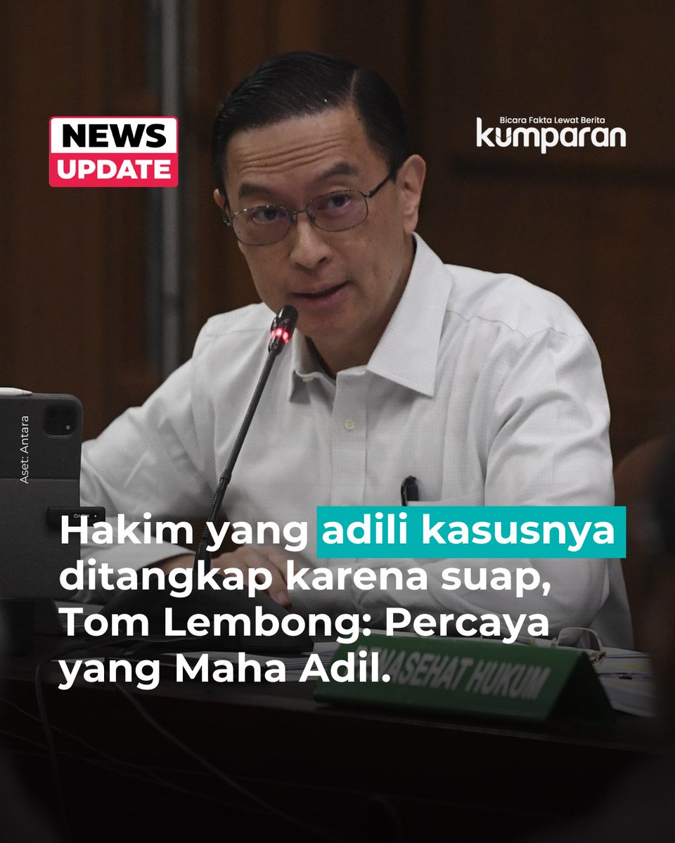 kumparan's tweet image. Mantan Menteri Perdagangan Tom Lembong menyesalkan makin banyak hakim yang terseret kasus dugaan suap dalam pengaturan vonis.
#newsupdate #update #news #oneliner