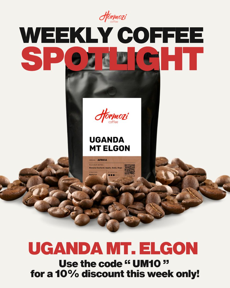Hormozi's Weekly Coffee Spotlight: Uganda Mt. Elgon
USE CODE "UM10" TO GET 10% OFF ANY UGANDA MT ELGON ORDER!
OFFER ENDS 20/04/25
bit.ly/3E5Jxrm

Grown at 1700-2100m altitude, Natural process. Delivers rich flavors of Banana custard, apple soda, hops.