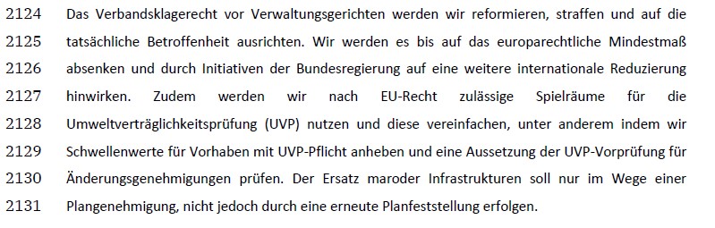 Der #Koalitionsvertrag möchte die #Verbandsklage reformieren und auf ein Mindestmaß absenken. 
Das Klagerecht von Umweltverbänden soll erheblich eingeschränkt werden.

Dieser Passus ist nicht akzeptabel! Umweltverbände leisten, wichtige Arbeit zum Schutz von #Umwelt und #Natur.