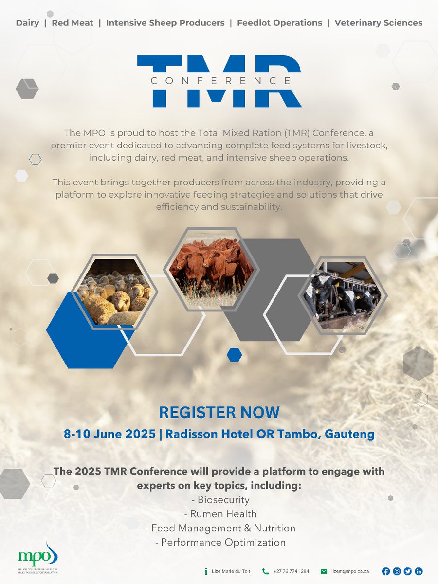 The official programme for the 2025 TMR Conference, sponsored by Alta Genetics ZA, is here!

Date: 8 – 10 June 2025
Venue: Radisson Hotel, OR Tambo, Gauteng

View the full programme here: bit.ly/41DvoJp
Register now: bit.ly/4hnlLV5 (Seats are limited!)