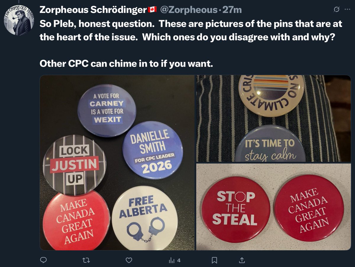 Zorpheous's tweet image. While I agree this is dirty politics and not helpful and that being said.  I’m still really interested in hearing from CPC supporters which of these buttons they disagree with.

Been asking the question where I find an outrage post about #buttongate and so far nothing but…