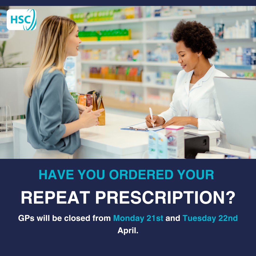 GP practices will be closed on Monday 21st and Tuesday 22nd April for the Easter Bank Holidays.

Plan ahead and make sure you have enough medication to last you over the break.
• Register for online services if your GP offers them.
• Order your repeat prescriptions in before