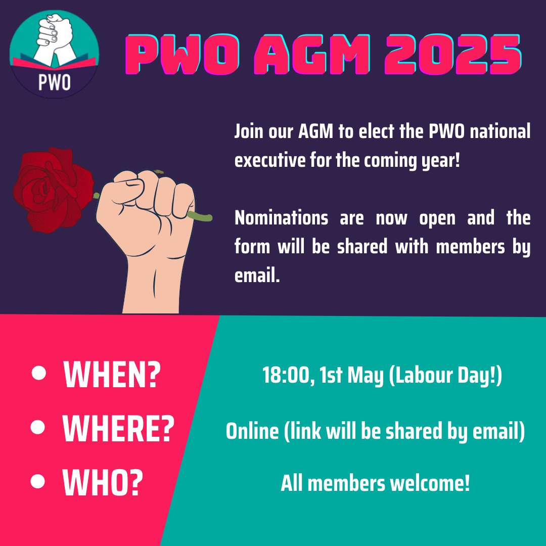 Our AGM will take place on May 1st (Labour Day) at 18:00!

If you want to get more involved with our union, please consider nominating yourself for a committee position. 

If you want any info on this or have not already received the nomination link via email, just shoot us a DM!