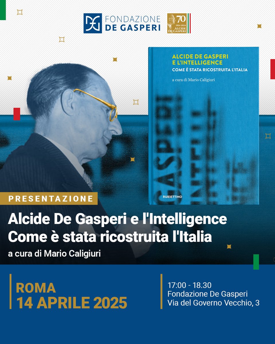 Ti aspettiamo oggi, alle 17 presso la nostra sede, per la presentazione del volume "Alcide #DeGasperi e l'#intelligence. Come è stata ricostruita l'Italia" di Marco Caligiuri.

Prenota il tuo posto su fondazionedegasperi.org/events/de-gasp…

#DeGasperi70 #AnnoDegasperiano