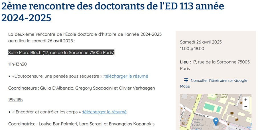 Institut Histoire économique et sociale (@idhes_paris1) on Twitter photo La rencontre de l'École doctorale d'histoire <a href="/SorbonneParis1/">Université Paris 1 Panthéon-Sorbonne</a> c'est le samedi 26/04 !
Salle Marc Bloch en Sorbonne
2 thèmes :
- L'autocensure, une pensée sous séquestre
- Contrôler et encadrer les corps. Une perspective de genre
➡️ urlr.me/4XYdfv La rencontre de l'École doctorale d'histoire <a href="/SorbonneParis1/">Université Paris 1 Panthéon-Sorbonne</a> c'est le samedi 26/04 !
Salle Marc Bloch en Sorbonne
2 thèmes :
- L'autocensure, une pensée sous séquestre
- Contrôler et encadrer les corps. Une perspective de genre
➡️ urlr.me/4XYdfv