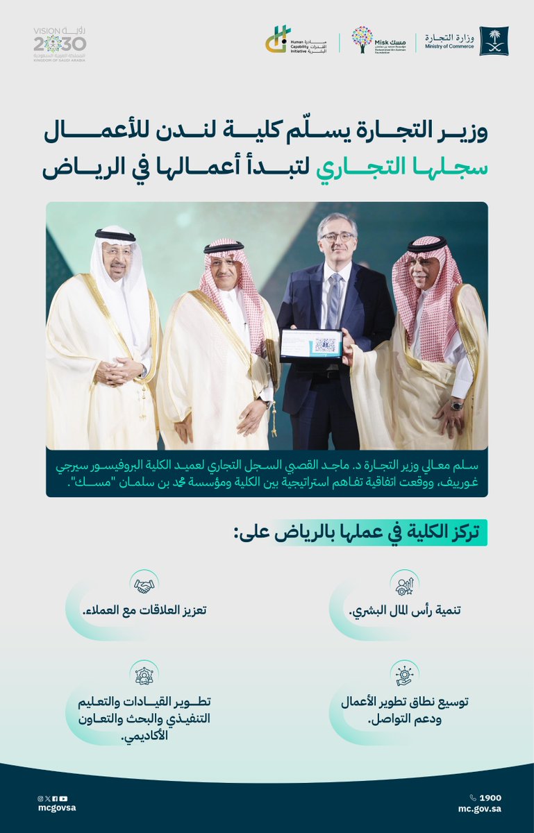 MCgovSA's tweet photo. معالي وزير التجارة @malkassabi يسلّم كلية لندن للأعمال سجلها التجاري لتبدأ أعمالها في الرياض.

#مبادرة_القدرات_البشرية https://t.co/2s9KQnsgyg